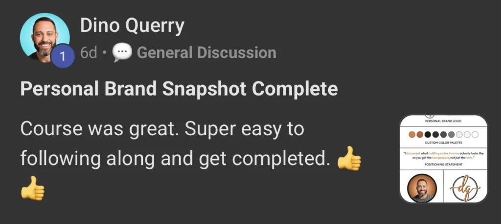 Dino Querry Personal Brand Snapshot Completed Skool Post